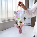 Bouquet de fleurs au crochet rose et blanc fait main dans un sac transparent chic - Avec Lumières + Sac Cadeau + Carte de Voeux / Seau à Câlin Rose Fairy Puff