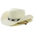 Detalle de sombrero de paja color crema con banda de cuero negro y hebillas de metal - M (56-58cm) / Blanco Crema