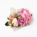 Bohemian bridal flower hair comb with pink roses, green leaves and lace details - FS03-4 Rose Red