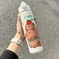 White Capybara straw water bottle with handle rope and cartoon pattern for students - White-Strawberry