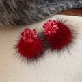 Elegant red flower stud earrings with soft plush pom poms for a festive look - 82# Flower & Pom-pom Style (HE29310) / Red