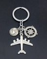 Silver metal airplane keychain with globe and compass charms in a vintage travel style - Airplane Globe Compass