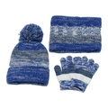 Dettaglio set invernale per bambini con cappello sciarpa e guanti a righe blu - Blu (Righe Blu Grigio Bianco)