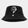 Detail of white question mark embroidery on washed black cotton bucket hat - M (56-58cm) / Black