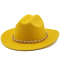 Close-up of yellow felt cowboy hat featuring a thick gold metal chain decorative band - M (56-58cm) / Yellow
