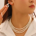 Three-layer pearl necklace set with matching stud earrings for a vintage French style - White (A-1049)