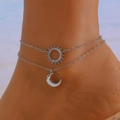 Silver double-layer sun and moon bohemian anklet set for women in polished finish - Silver Double Layer Anklet Set (07 White K 2-pcs)