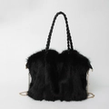 Fashionable black faux fur tote bag with woven handles and gold metal chain strap - Black