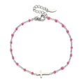Stainless steel cross bracelet featuring pink beads and a polished silver finish - Rose Pink