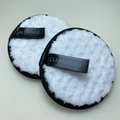Two white round facial sponges with black edges and ribbons for gentle face cleaning - Black Edged Pineapple Grid White