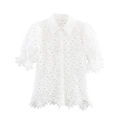 Camisa blanca de encaje bordado con manga corta, cuello y botones frontales - XS / Blanco