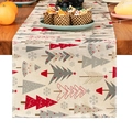 Runner da tavola natalizio con alberi rossi e grigi stampati su tessuto lino beige - 33X200cm / Stile Alberi Rossi e Grigi su Fondo Beige