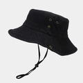 Detail of black cotton bucket hat showing metal ventilation eyelets and adjustable wind cord - Striped Black