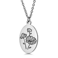 Minimalist silver stainless steel oval pendant necklace with engraved daisy flower detail - April Daisy (KN227537-Z)