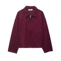 Burgundy short wool blend jacket with lapel collar and front zipper closure - S / Dark Red