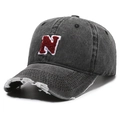 Vintage dark gray baseball cap with red N patch and distressed brim in 45-degree view - Adjustable / Black
