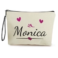 Cremeweiße Kosmetiktasche aus Canvas mit schwarzem Monica-Schriftzug und Herzen - Monica Buchstaben Stil