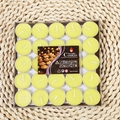 Set of 25 yellow unscented tea light candles in aluminum cups on a rustic woven mat - 2 Hours 50 Pieces Round - Yellow