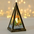 Bronze Christmas triangle lantern with LED candle, reindeer motifs and Merry Christmas text - Elk / Bronze