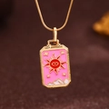 Golden tarot necklace with pink enamel sun pendant and white clouds on star chain - Gold (X6050GD)