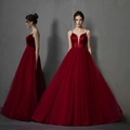 Elegant burgundy velvet evening dress with spaghetti straps and tulle A-line skirt - S / Burgundy