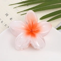 Pink gradient frangipani hair claw clip on a white plate with tropical green leaves - Orange Flower