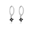 Silver geometric flower hoop earrings with black zircon four-leaf clover pendants - Silver/Black Zirconia