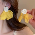 Elegant yellow fabric flower tassel earrings with pearls on model in soft lighting - 7# Silver Pin Resin Flower Fabric Petal Earrings