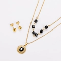 Golden stainless steel jewelry set with double-layer evil eye necklace and ball earrings - Gold Black
