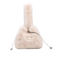 Beige plush bucket bag with drawstring closure and metal chain detail for women - White