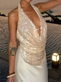 Elegante top halter de lentejuelas blanco roto con escote en V profundo y corte entallado - S / Top Color Albaricoque