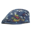 Navy blue denim flat cap featuring vibrant floral patterns and classic short brim - Dark Blue