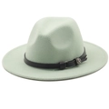 Detail of mint green wool fedora hat featuring a thin black leather band and floral buckle - M (56-58cm) / Mint Green