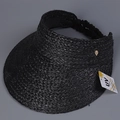 Detail of black woven raffia texture and UV care tag on a sun visor straw hat - M (56-58cm) / Black