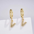Detail of gold-plated hoop earrings featuring a V-shaped pendant with inlaid zircons - Letter V (Style: 0229)