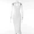 Slim fit white mesh dress with long sleeves and high collar shown on a white mannequin - S / White