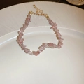 Pink strawberry quartz gravel bead bracelet with gold lobster clasp and extension chain - 26# Bracelet-Light Coffee