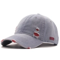 Distressed light blue denim baseball cap with red 1999 embroidery and torn brim details - Burgundy