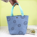 Sac fourre-tout en velours côtelé bleu avec motifs souriants et anses vertes - Visage Souriant Bleu