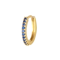 Detail shot of golden earring hoop inlaid with row of circular blue zircon stones - Blue Zirconia Hoop-EH00200