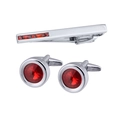 Silver tie clip and cufflinks set with rectangular and round red crystal accents - Set / Silver / Red Zircon