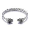 Silver stainless steel open bangle with wolf head terminals and woven texture design - Steel Color Wolf Head Style (KB78278-BD)