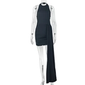 Detail view of black halter mini dress featuring side ruching and long hanging ribbon ties - S / Black