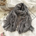Classic black and white checkered wool scarf with orange trim and fringed edges - Black Plaid