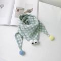 Kids plaid triangle scarf in light blue and yellow with cute big eyes and pom-poms - Sky Blue and Pale Yellow Plaid