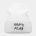 White ribbed knit beanie with black GOD'S PLAN embroidery on the cuff for men and women - M / White