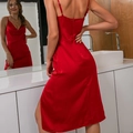 Elegant red satin midi dress with cowl neck and side slit, shown via mirror reflection - M / Red