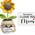 Handmade crochet yellow sunflower doll in pot with I Love You Mom message card - Sunflower with Border