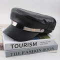 Classic black faux leather flat top beret with a silver metal M buckle accent - One Size 57-58cm / M Letter Metal Badge Style (M标平顶) / Black
