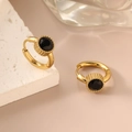 Polished 18K gold-plated stainless steel earrings with black zircon stones on a pedestal - Black